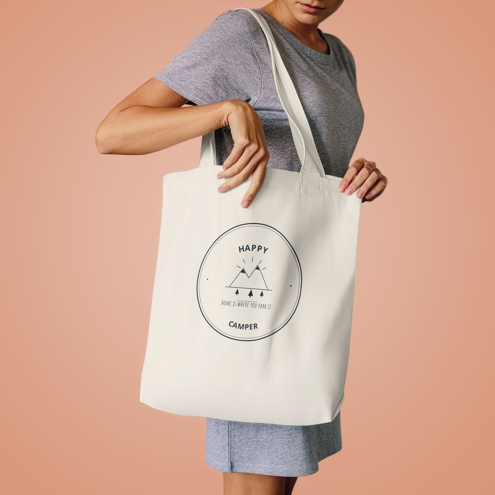 Happy Camper Canvas Tote for Weekend Campers, Camp Kitchen Hauls and Grocery Runs